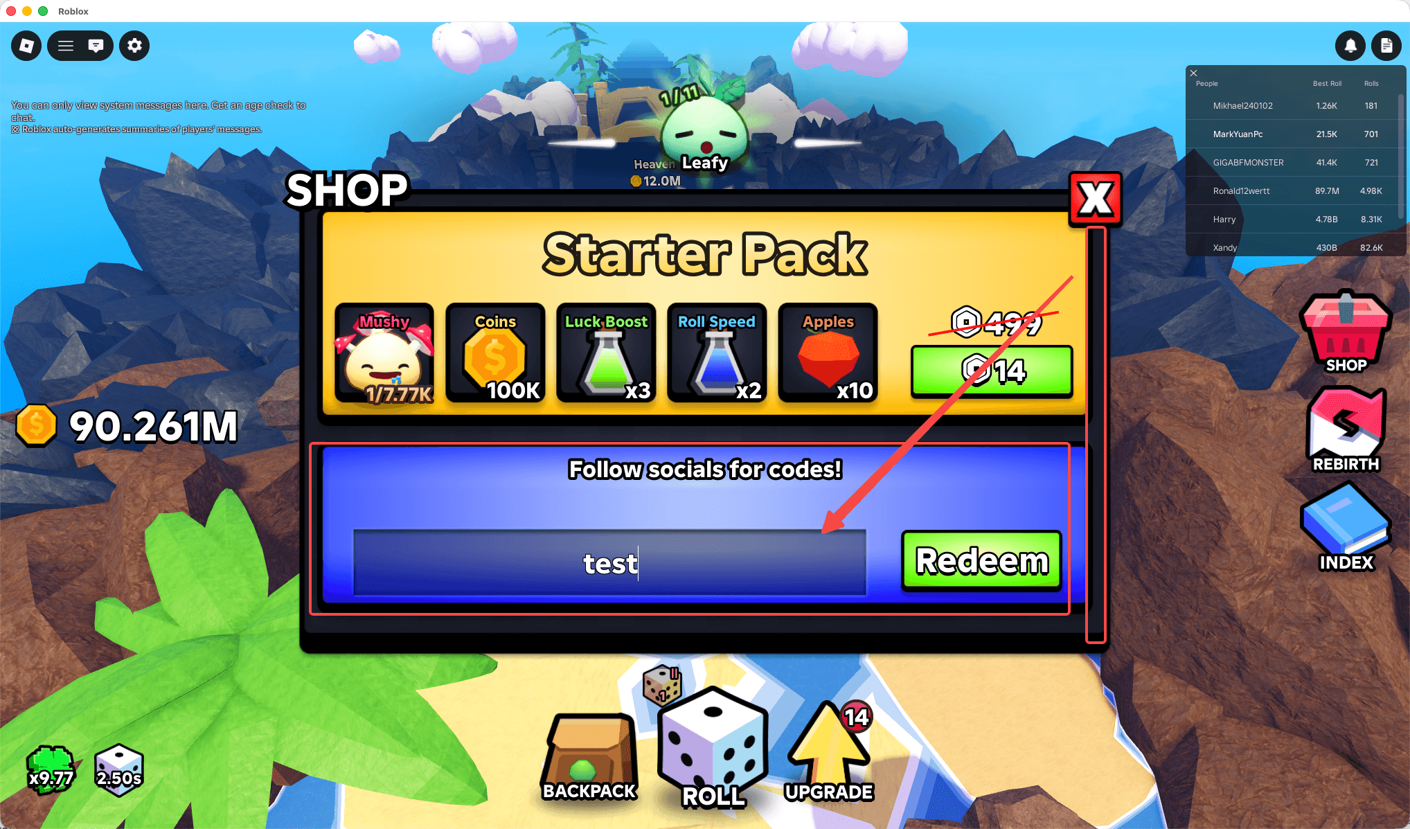 Redeeming a code in Slime RNG